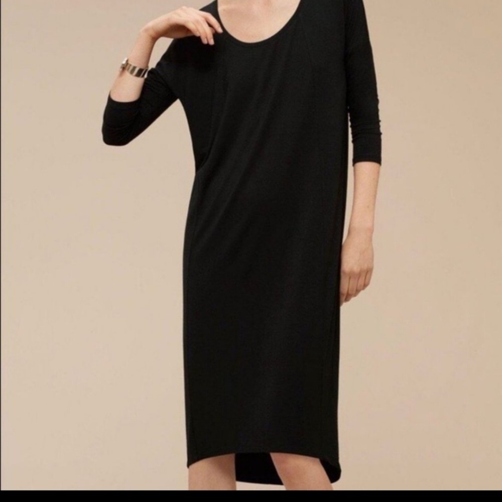 Babaton Aritzia Winston Dress Black Elbow Sleeve High Low Hem Midi Size Small‎ S